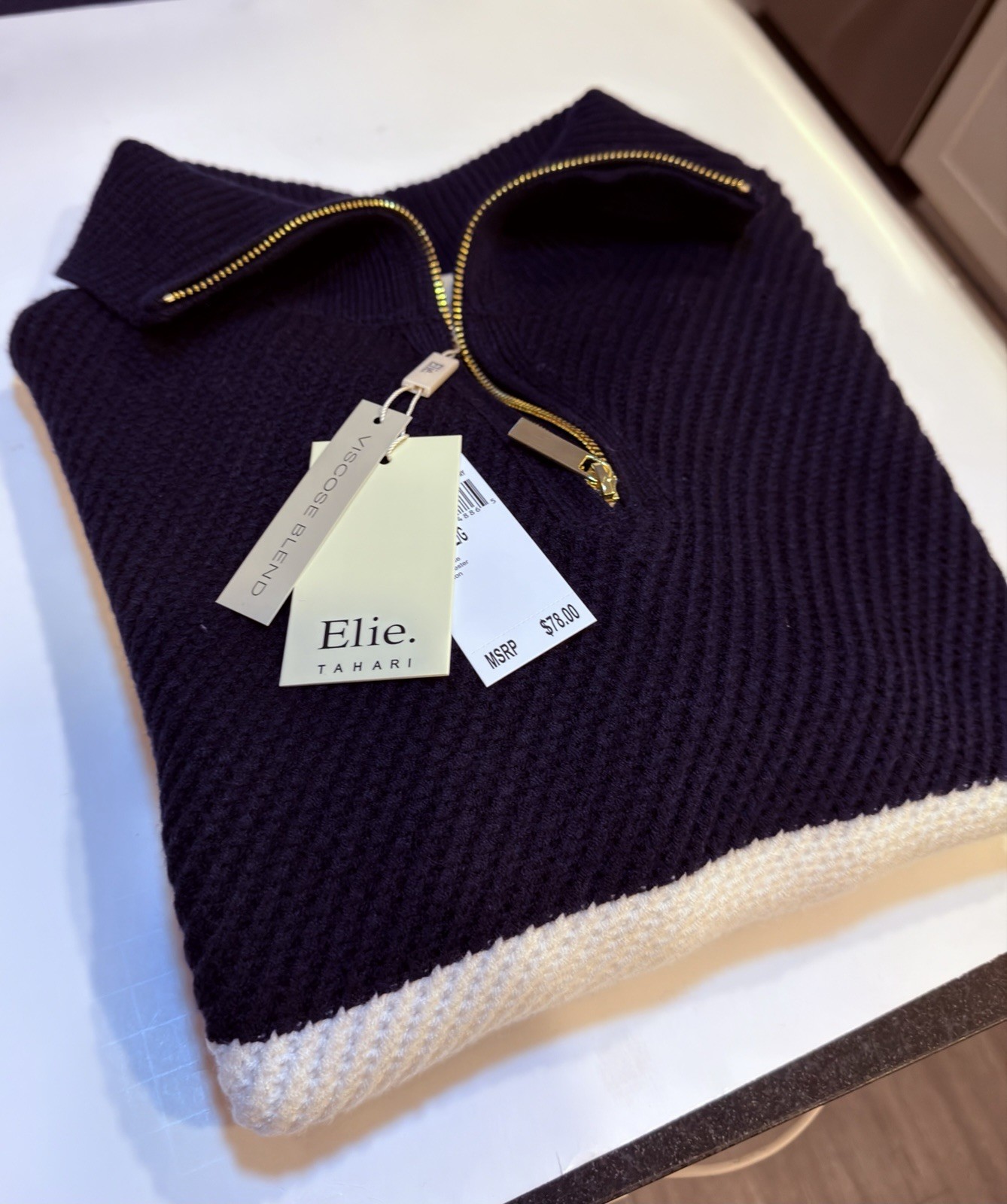 Elie Tahari College Navy/Ivory Quarter Zip Wool Sweater – Large NWT