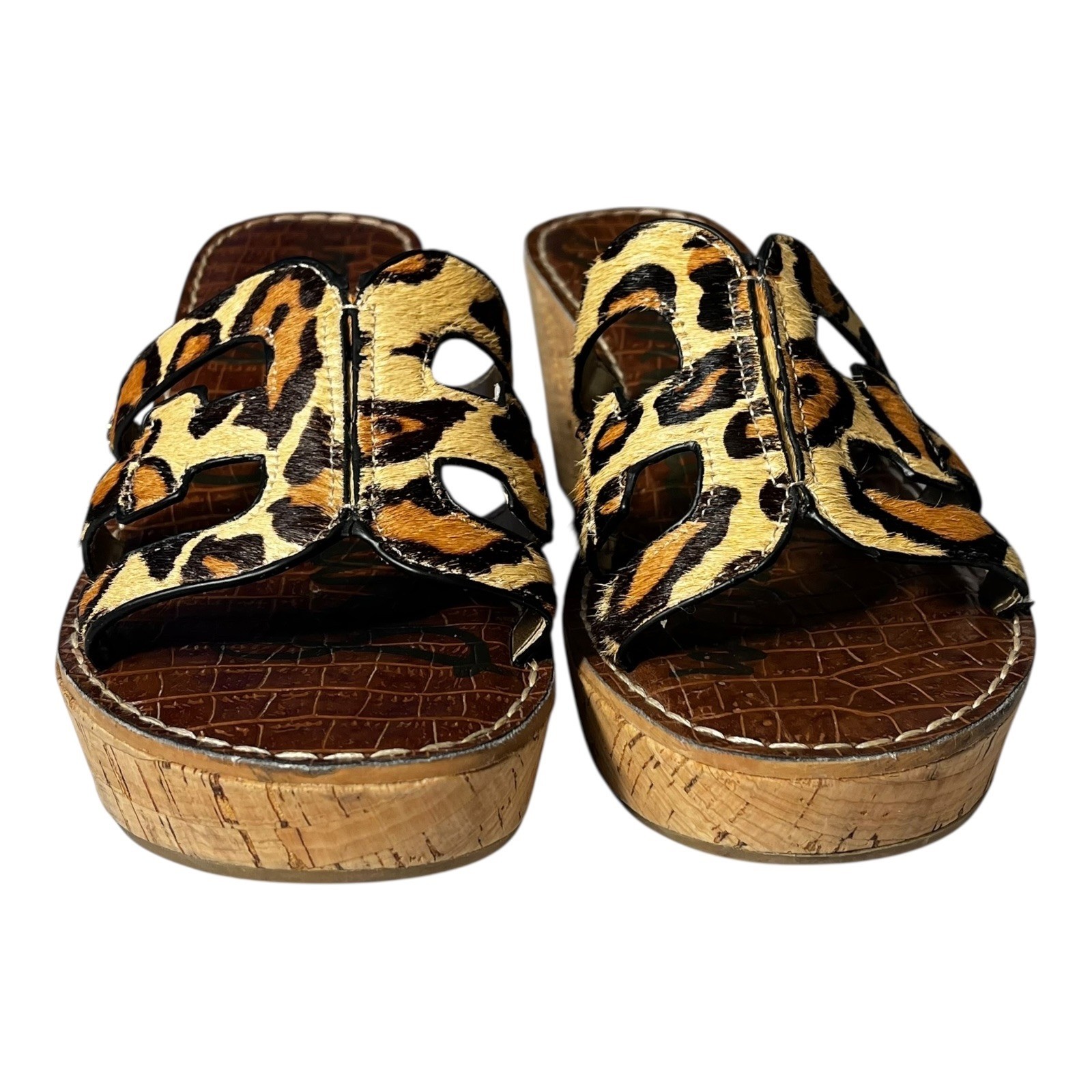 Sam Edelman Regis Leopard Calf Hair Cork Wedge Sandals Womens 9M Brown Black