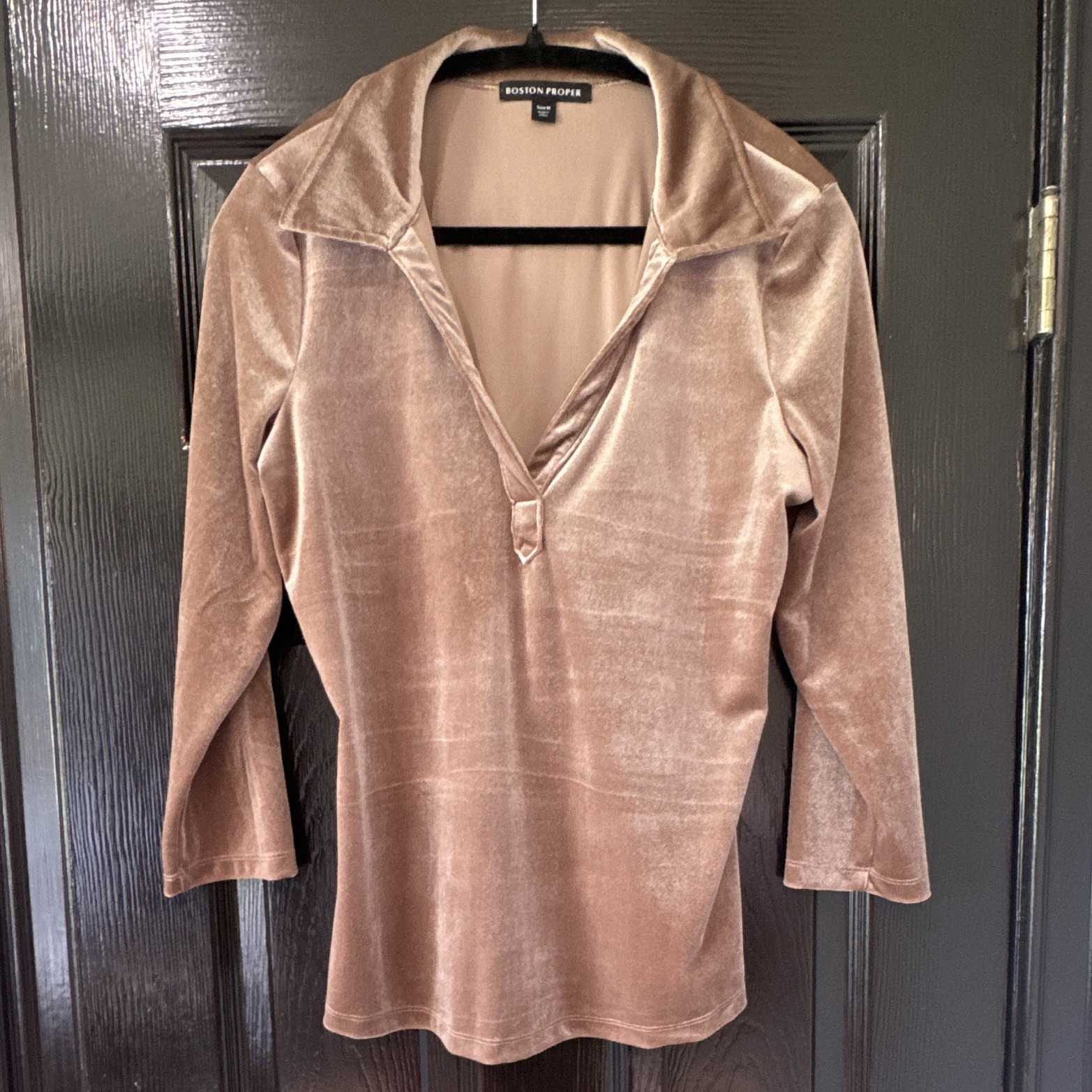 Boston Proper Beige Velvet Solid Collared 3/4 Sleeve Stretch Pullover Top M
