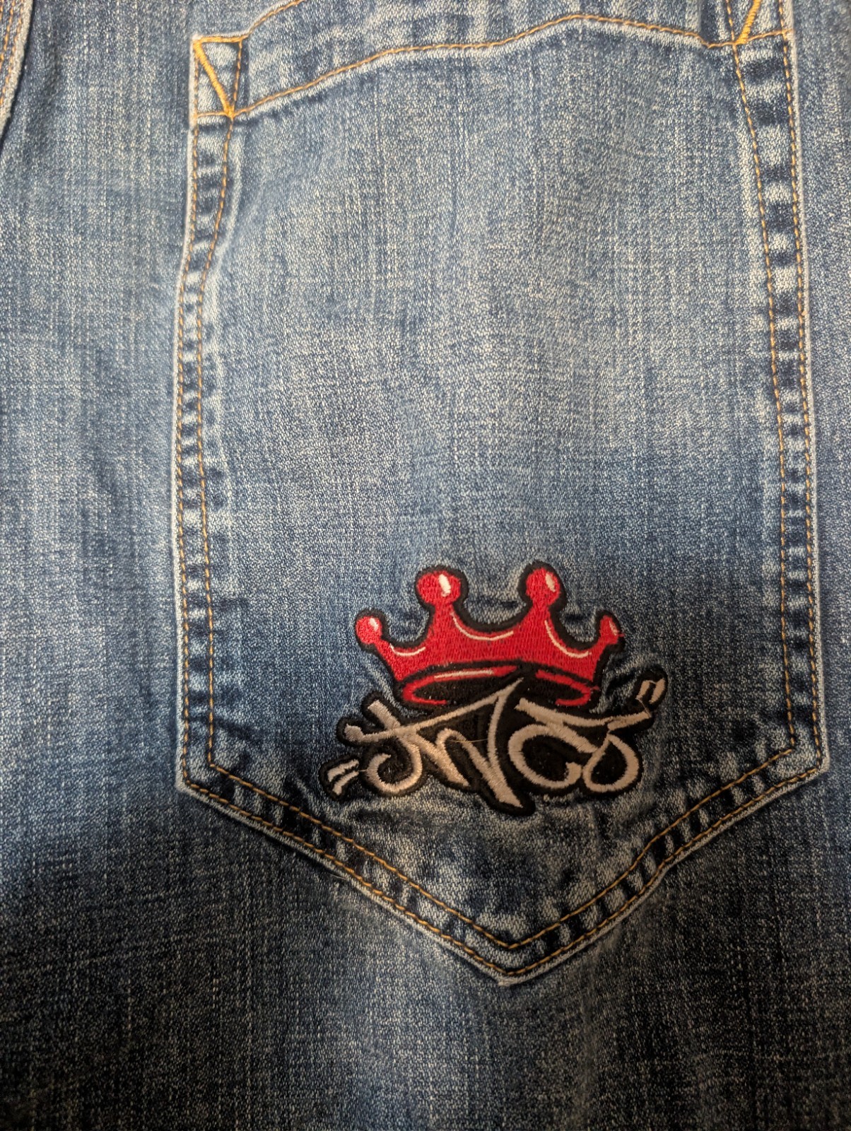 JNCO Men’s Blue Wide-Leg Denim Jeans Relaxed Fit Medium Wash Embroidered