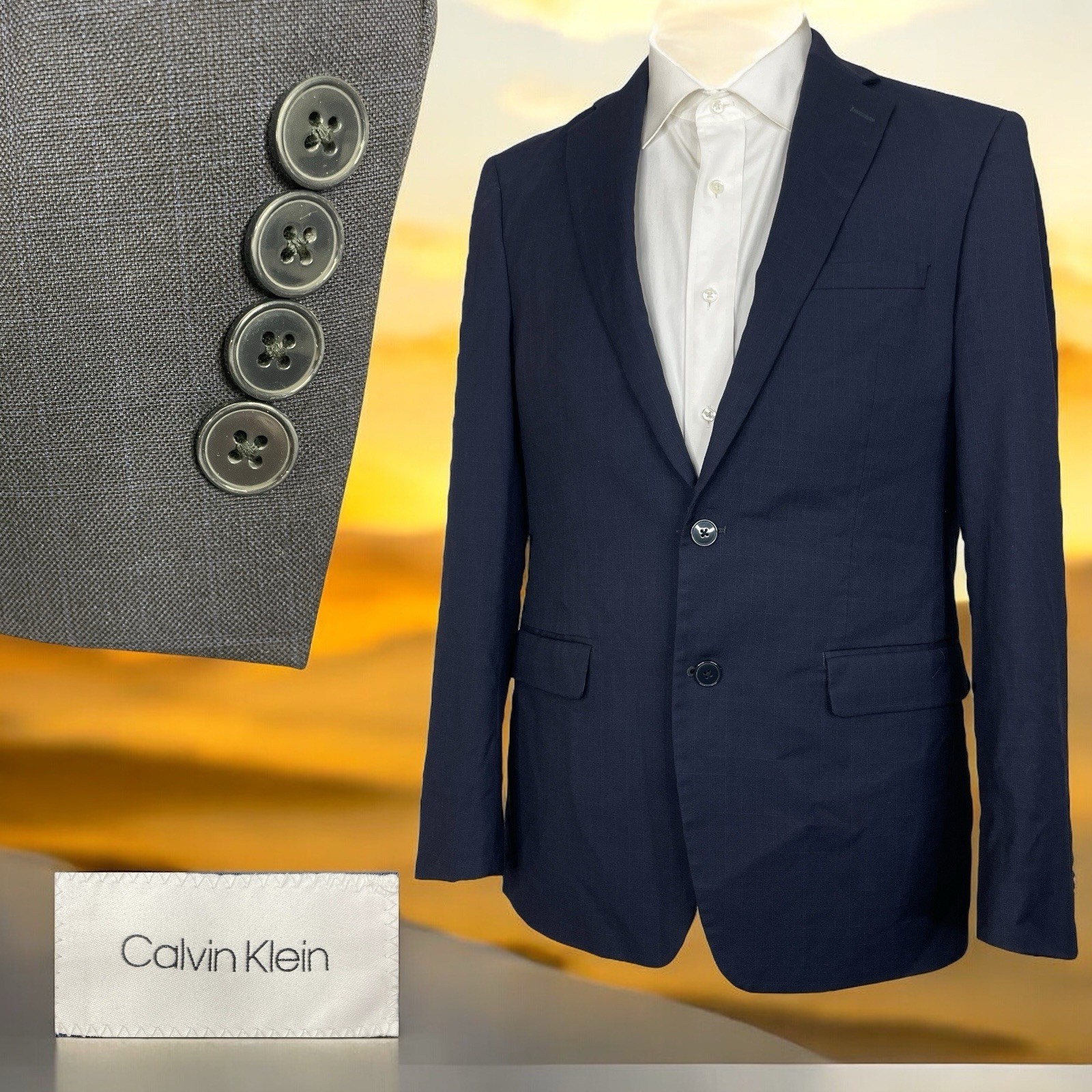 Calvin Klein Blazer Jacket Mens 40R Navy Blue Check Polyester Double Vented