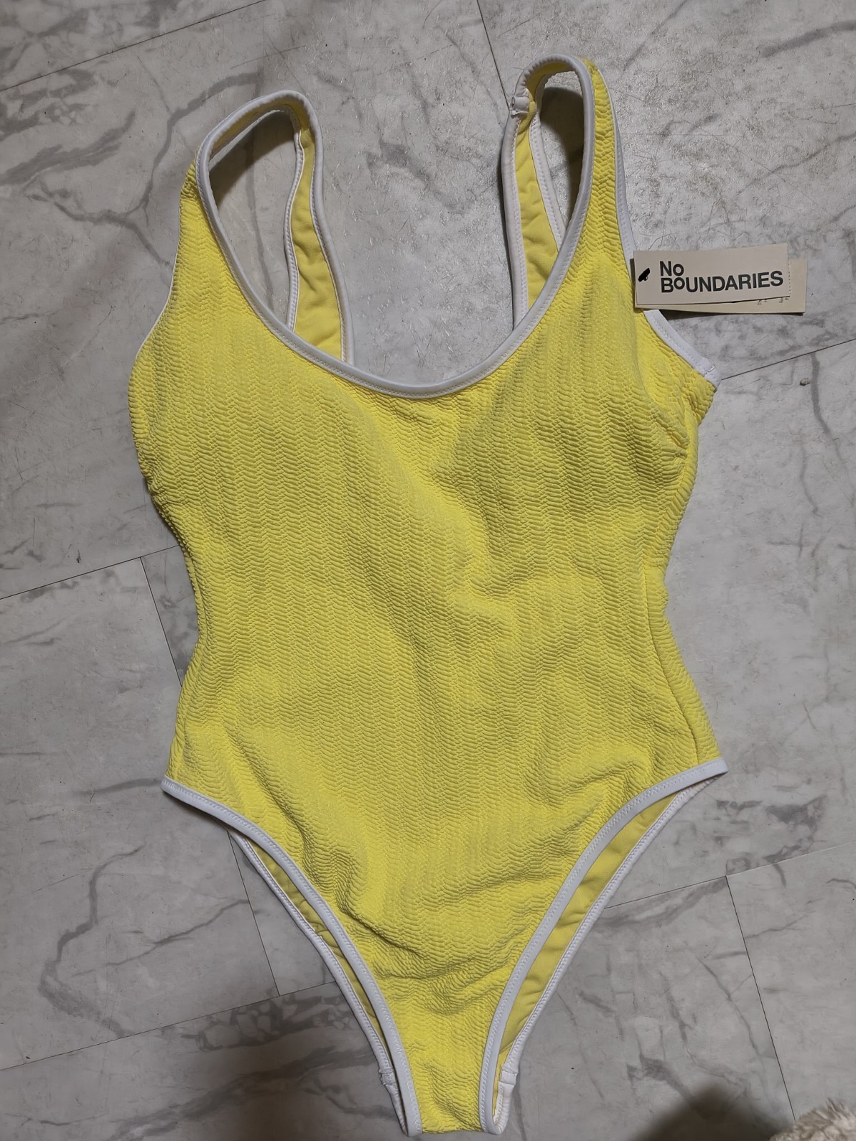 No Boundaries Women’s Yellow Textured One-Piece Swimsuit M Lined White Trim