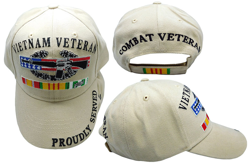 Vietnam Veteran Proudly Served Combat Veteran Ribbon Khaki Embroidered Cap Hat