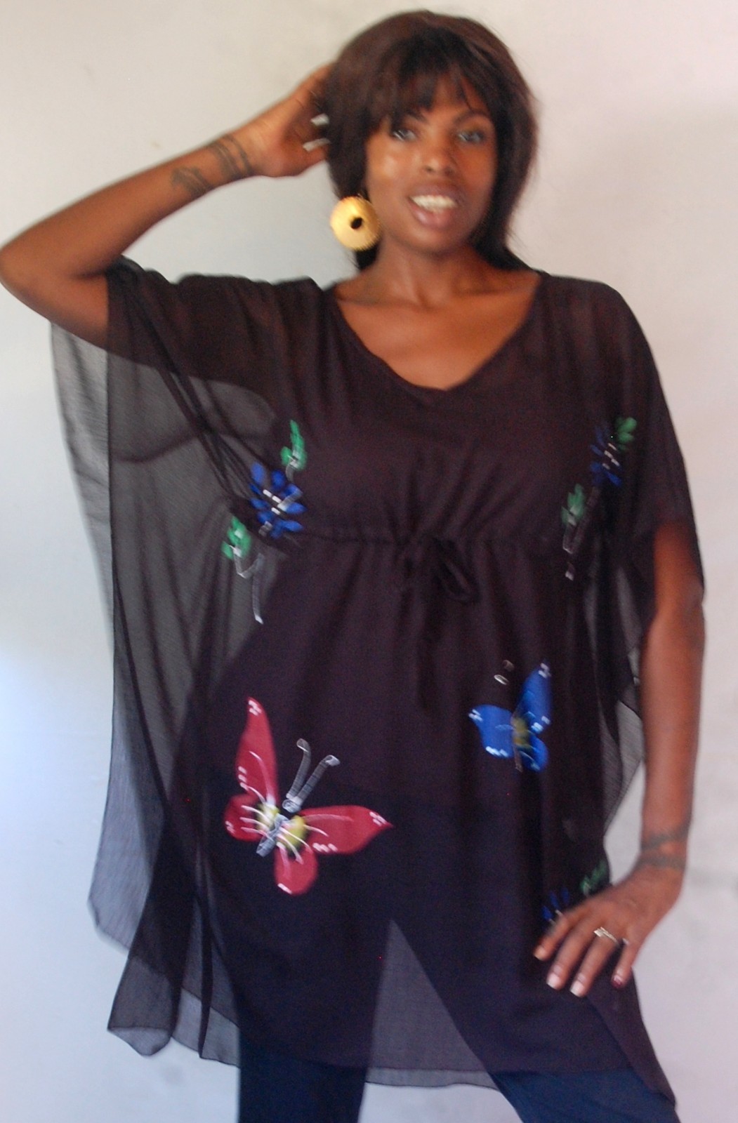multi colored handpainted blouse semi sheer top art to wear M L XL 1X 2X OS
