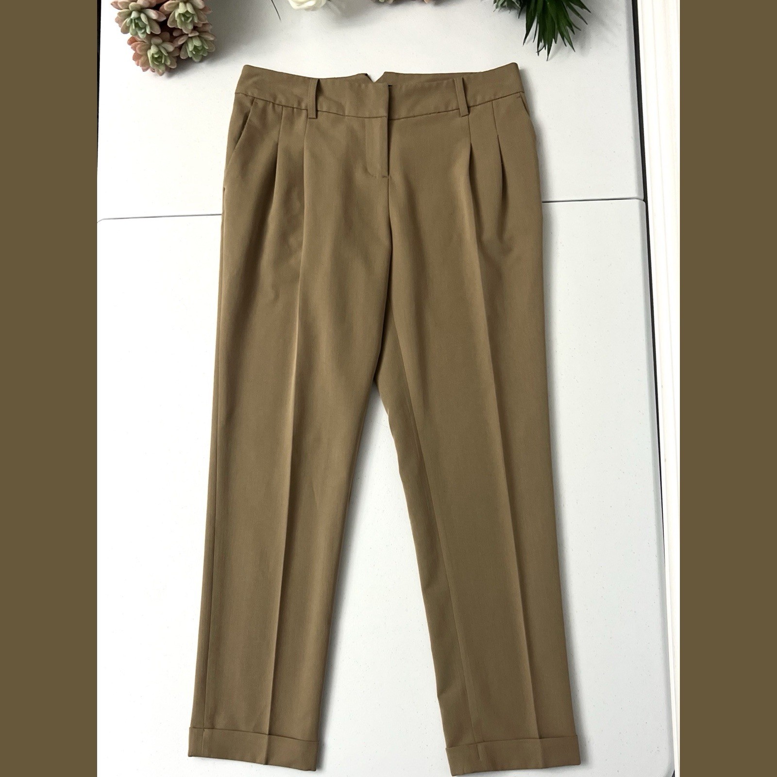 XXI Women’s Tan Pleated Tapered Dress Pants w/ Pockets Twill Size S/P