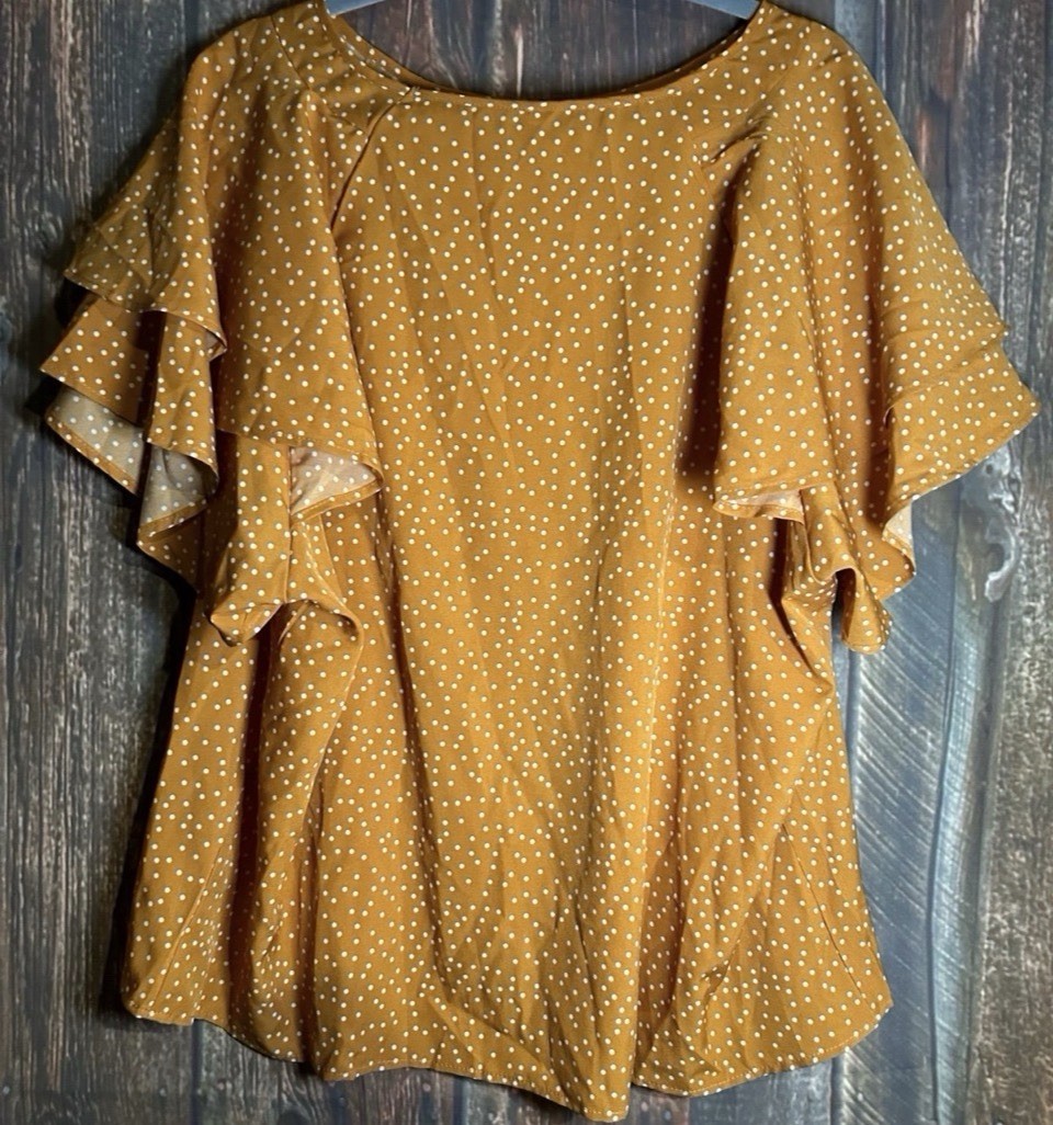 SHEIN Curve Mustard Yellow Polka Dot Ruffle Sleeve Blouse 4XL