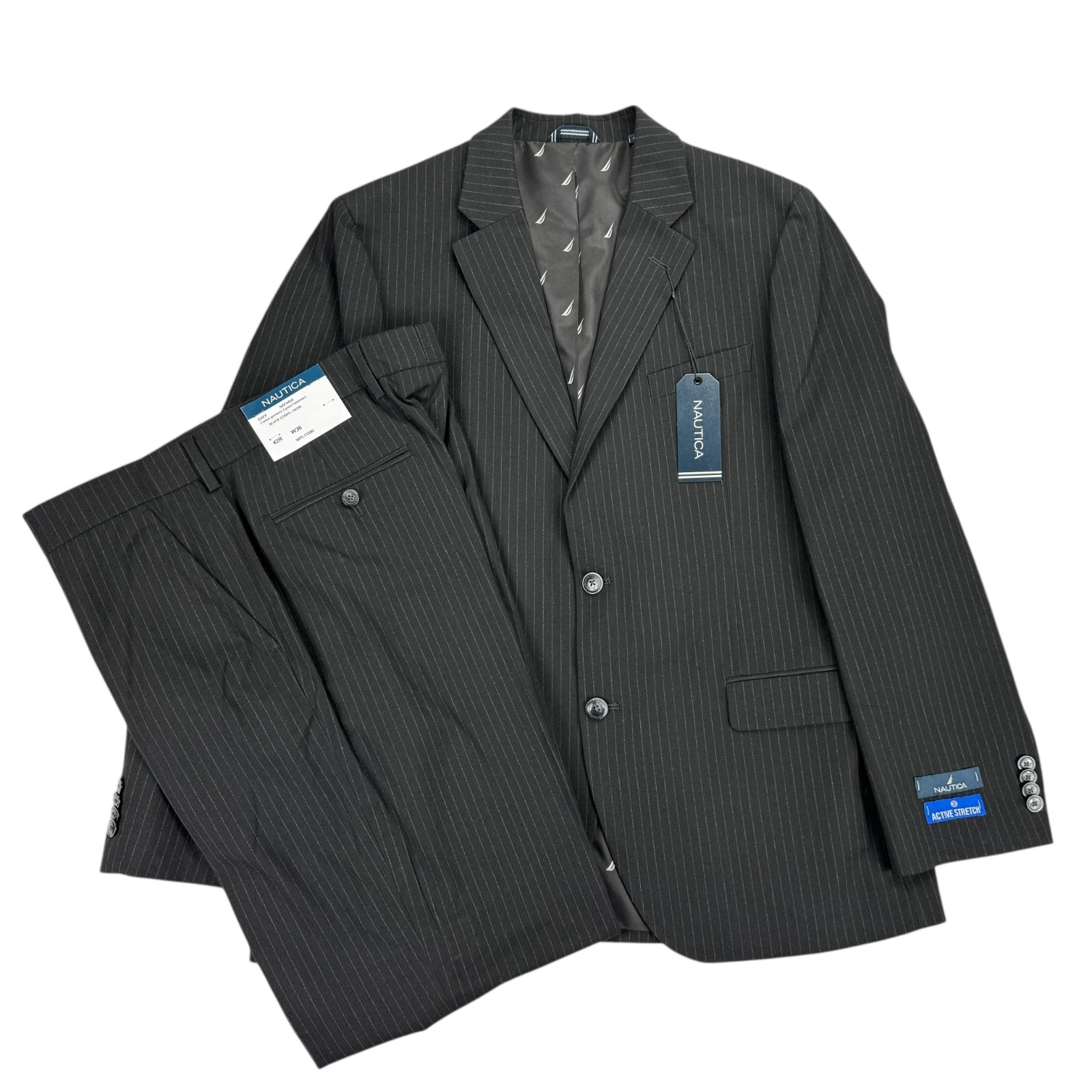 Nautica Mens 2-Piece Modern Fit Active Stretch Pinstripe Suit Black 42R 36W