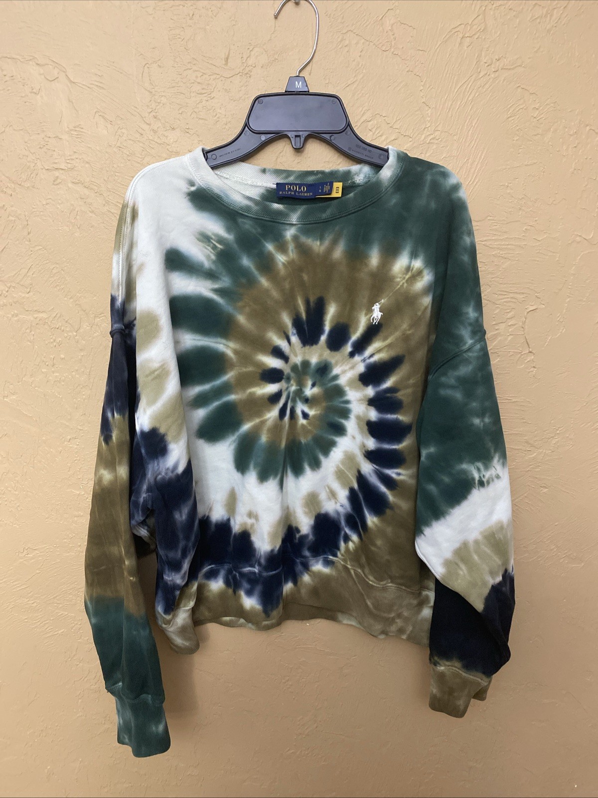 NWT Polo Ralph Lauren Spiral Tie Dye Terry Sweater Womens Large Green Pony