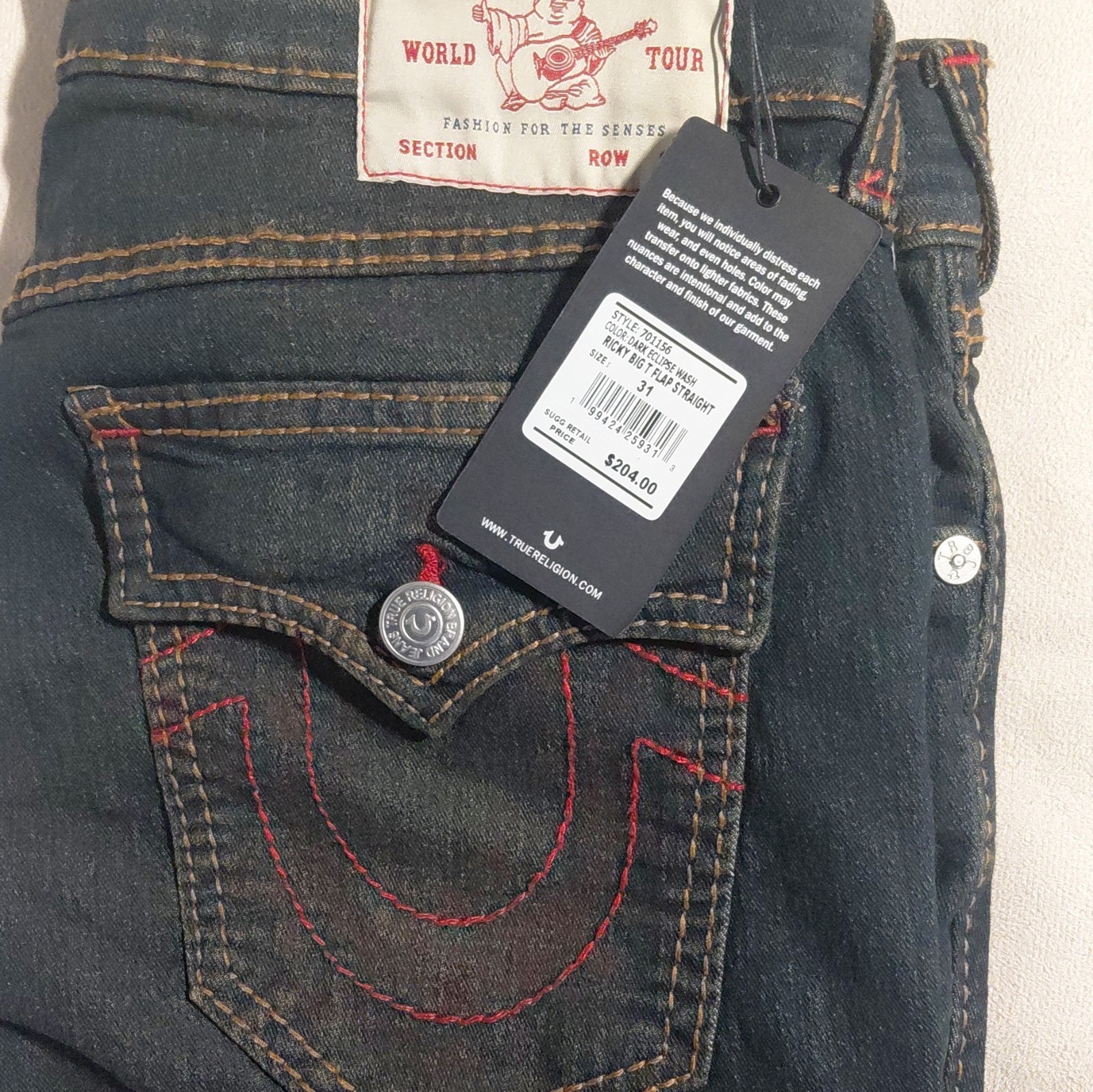 True Religion Men’s Straight Fit Dark Wash Denim Jeans Low Rise 5-Pocket NWT