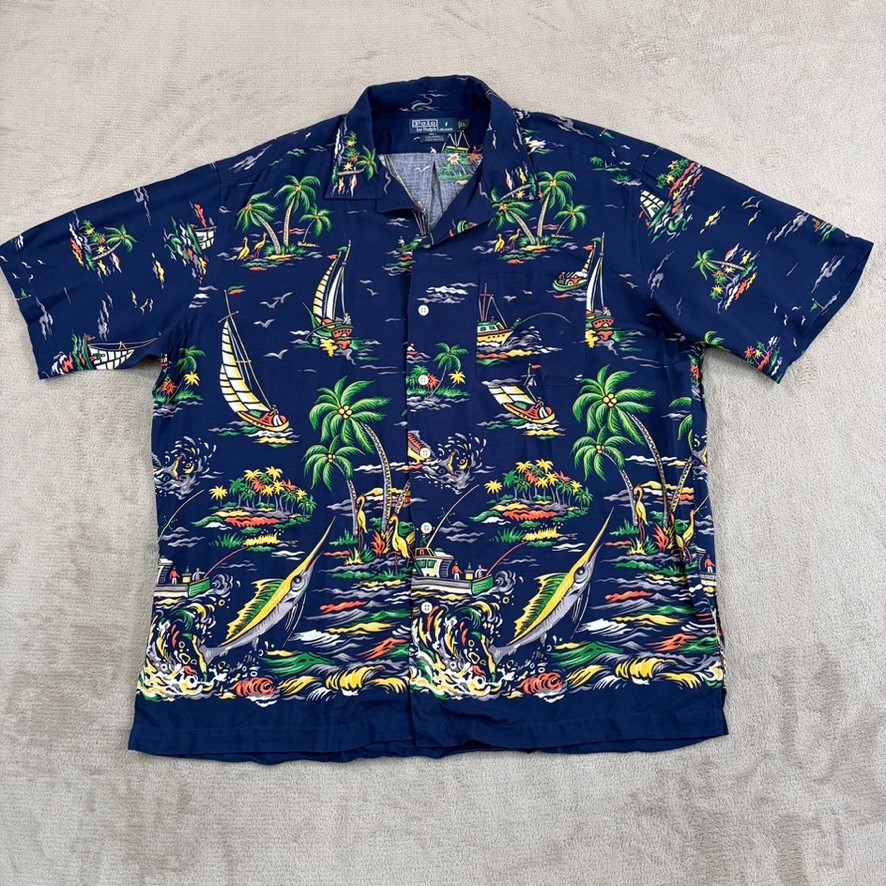 VTG Polo Ralph Lauren Caldwell Loop Collar Shirt Boat Island Marlin Men Large