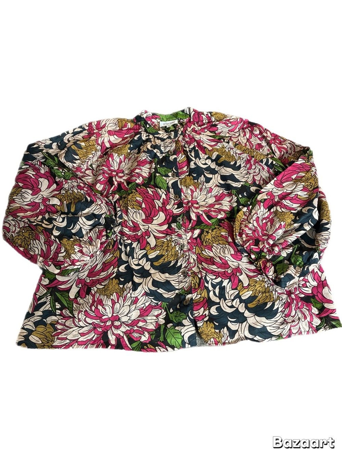 Olivia James Button Down Blouse Ballon Sleeves Chrysanthemum Floral Oversized S