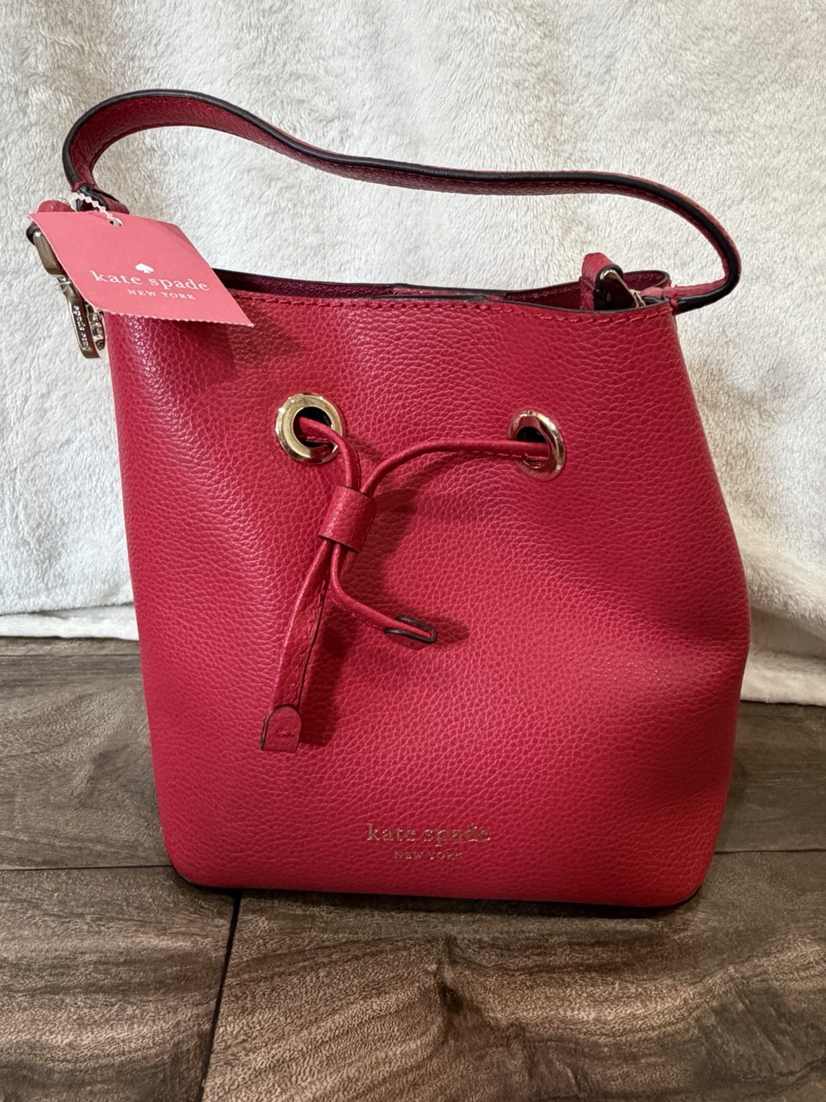 kate spade new york Small Red Bucket Bag Drawstring Crossbody Gold Hardware