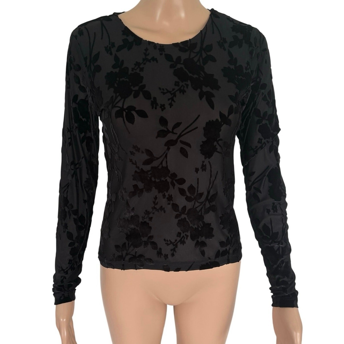 Burnout Velvet Floral Mesh Sheer Long Sleeve Top Goth Whimsigoth Black S