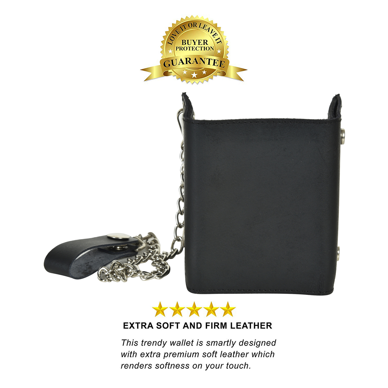 Leatherboss Genuine Leather Men’s Trifold Wallet with Chain Biker Trucker ,Black