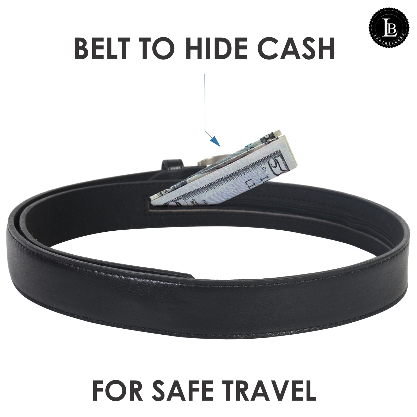Leatherboss Genuine Leather Men Casual Money Zipper Safe Size 40 Belt, Black