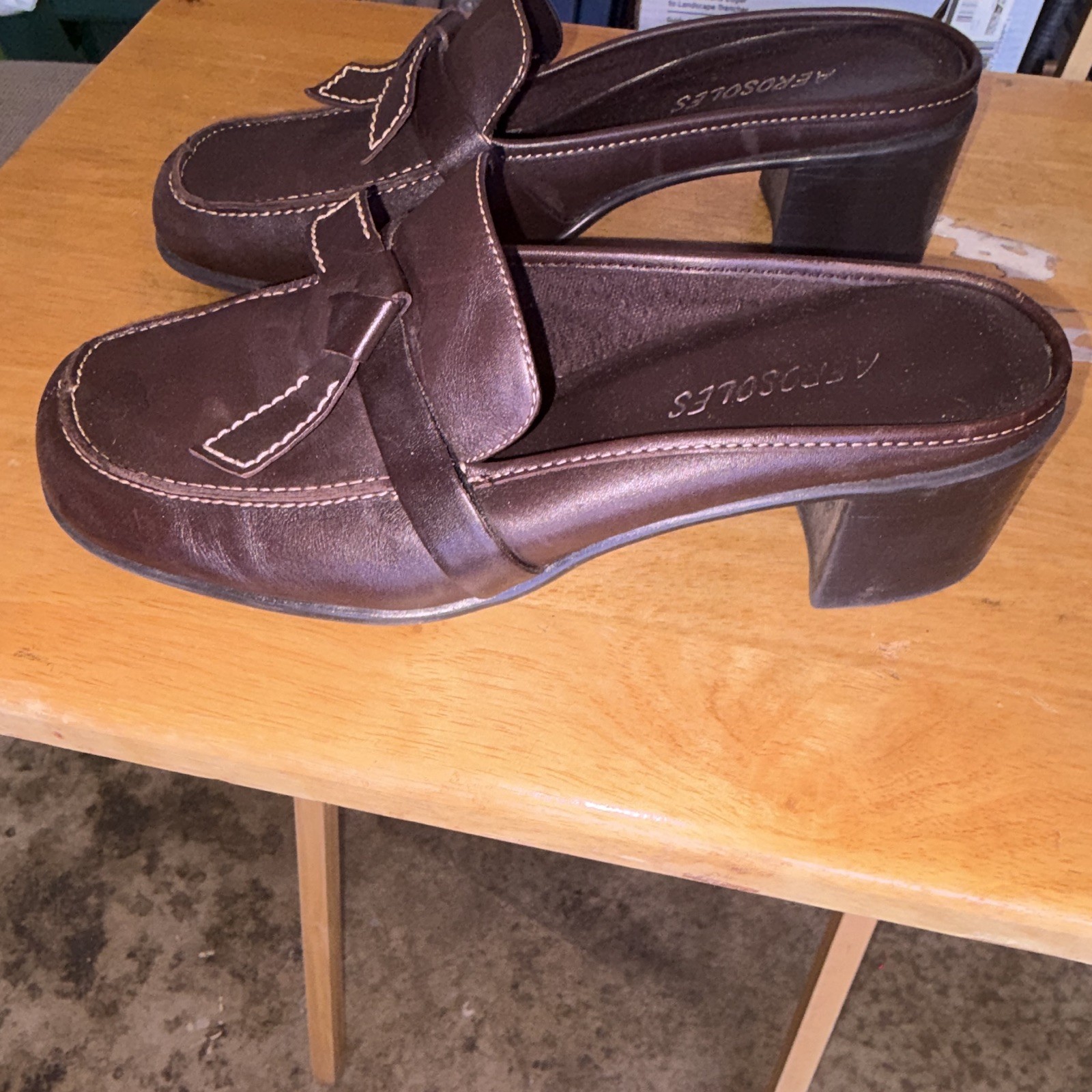 Aerosoles Women’s Brown Leather Mule Heels Slip-On Square Toe Block, US 7 M