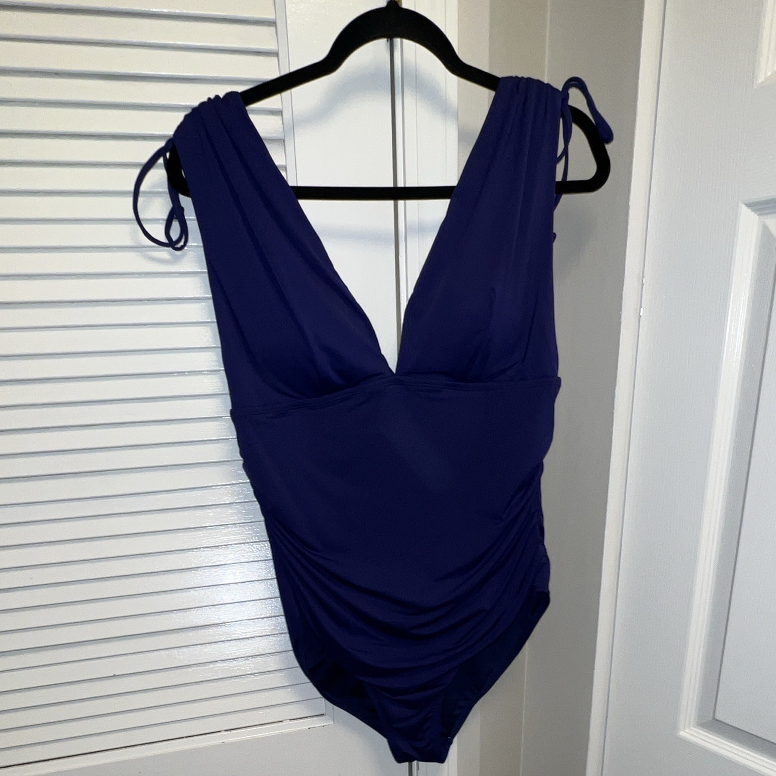 MAEVIER Blue Solid Ruched One-Piece Swimsuit Wide Tie Straps Women’s