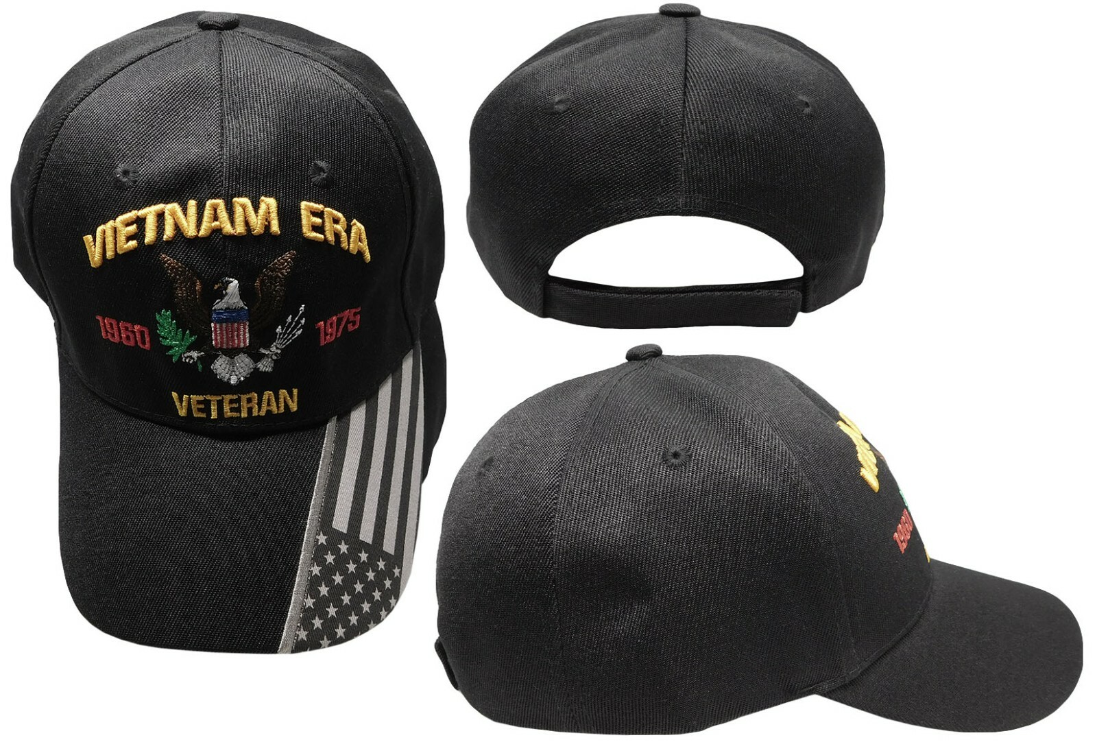 Vietnam Era 1960-1975 Veteran Black With USA Flag On Bill Embroidered Cap Hat