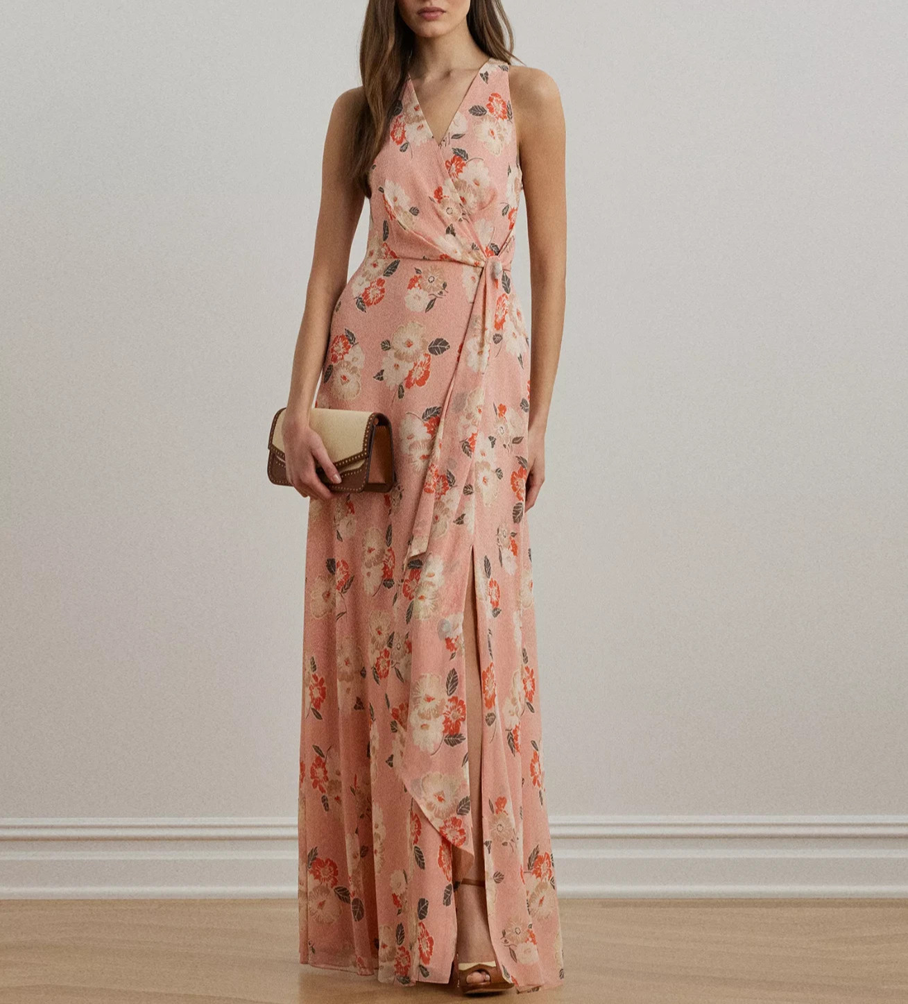 Lauren Ralph Lauren Floral Ruffle-Trim Georgette Gown MSRP $265