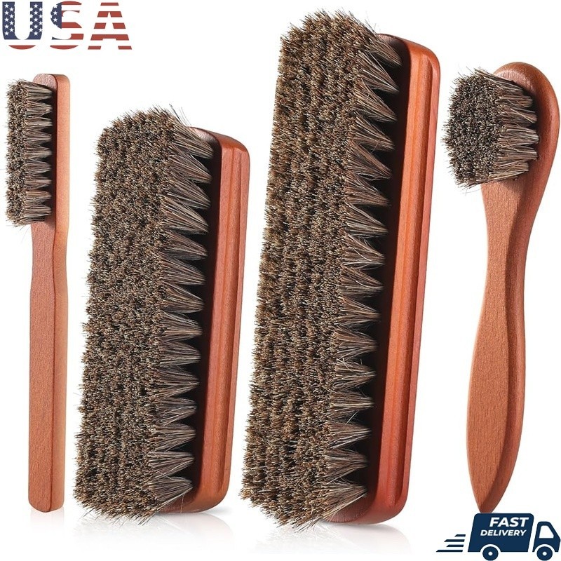4-Piece Professional Horsehair Shoe Polish Brush Set Leather Care Cleaning New
