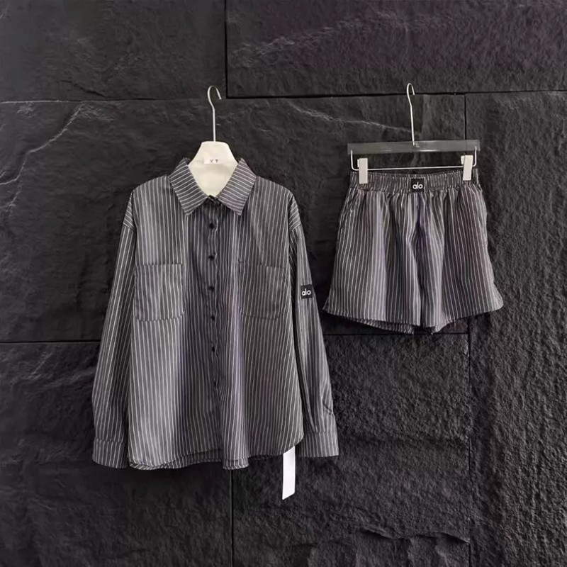 NEW AIo Yoga Set Pinstripe Daylight Button Down Long Sleeve+Boxer Short Suit