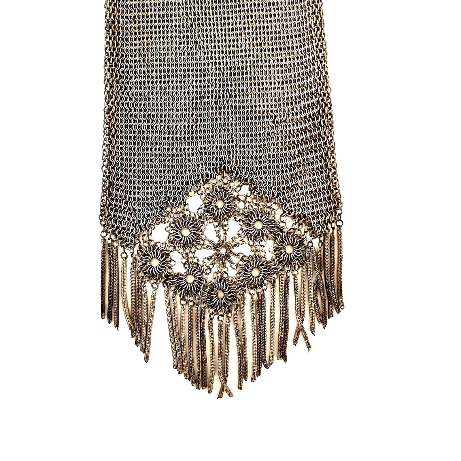 Antique Alpaca German Silver Mesh Chainmail Fringe Cigarette Case Bag Purse