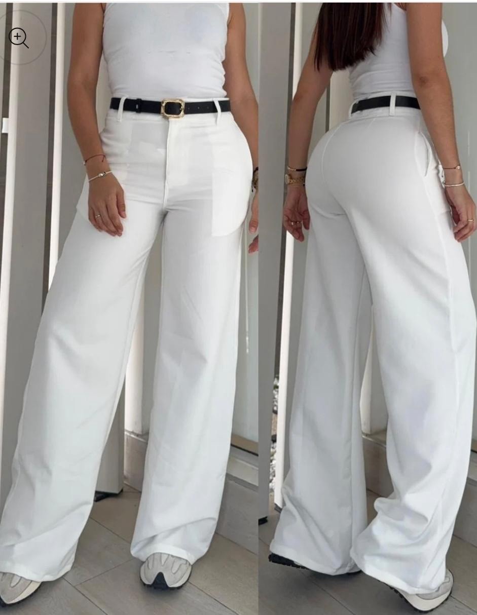 Women’s White Solid Wide-Leg Flat Front Dress Pants w/ Belt Buckle, Pockets