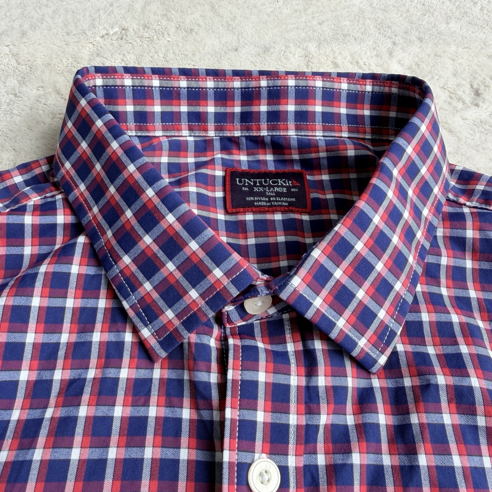 UNTUCKit Stretch Button Up Shirt Mens 2XLT Nylon Elastane Check Plaid Blue