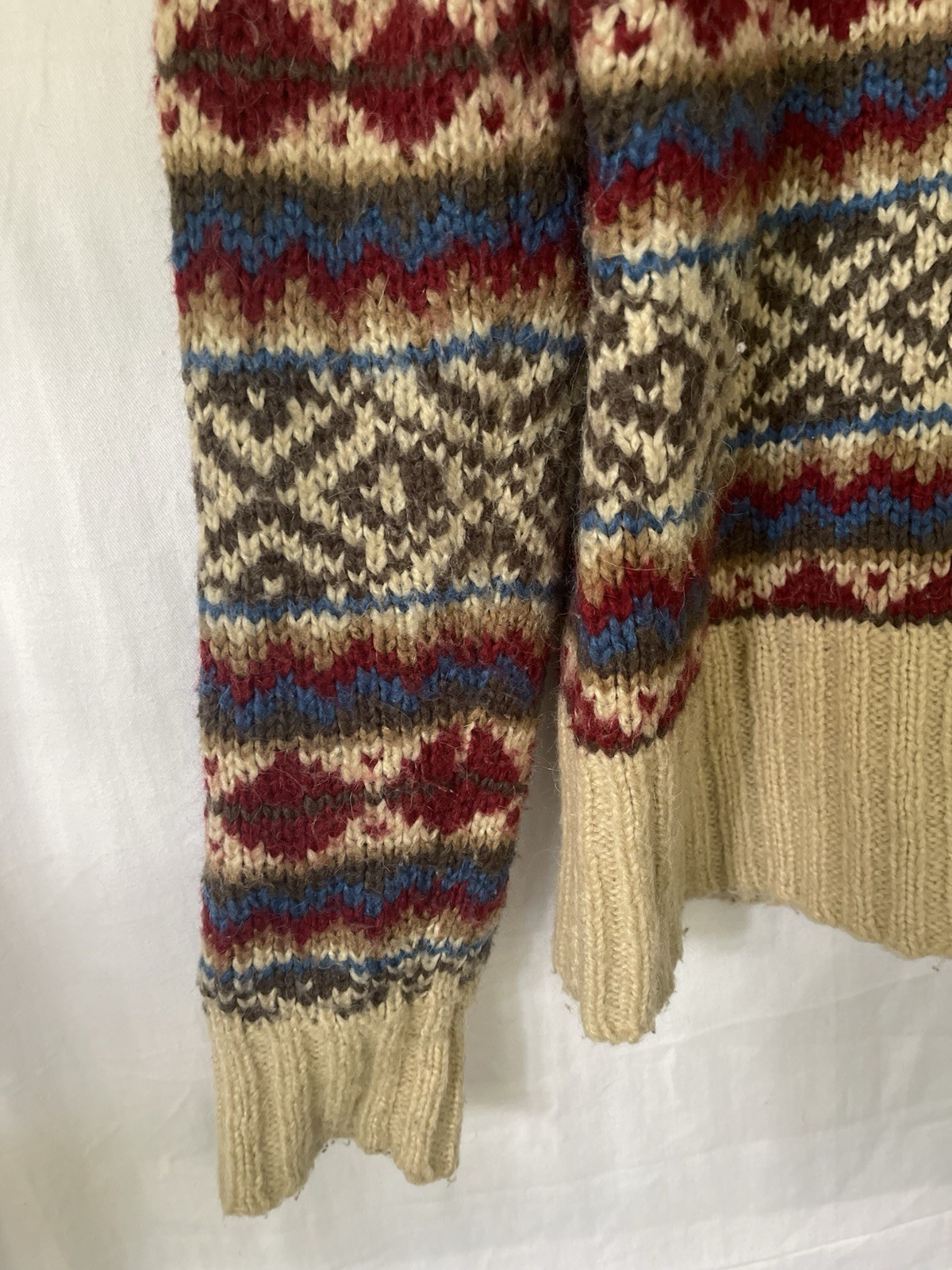 VINTAGE V-Neck Sweater Olive Cream Fair Isle Knit Preowned Medium Hand Wash Only
