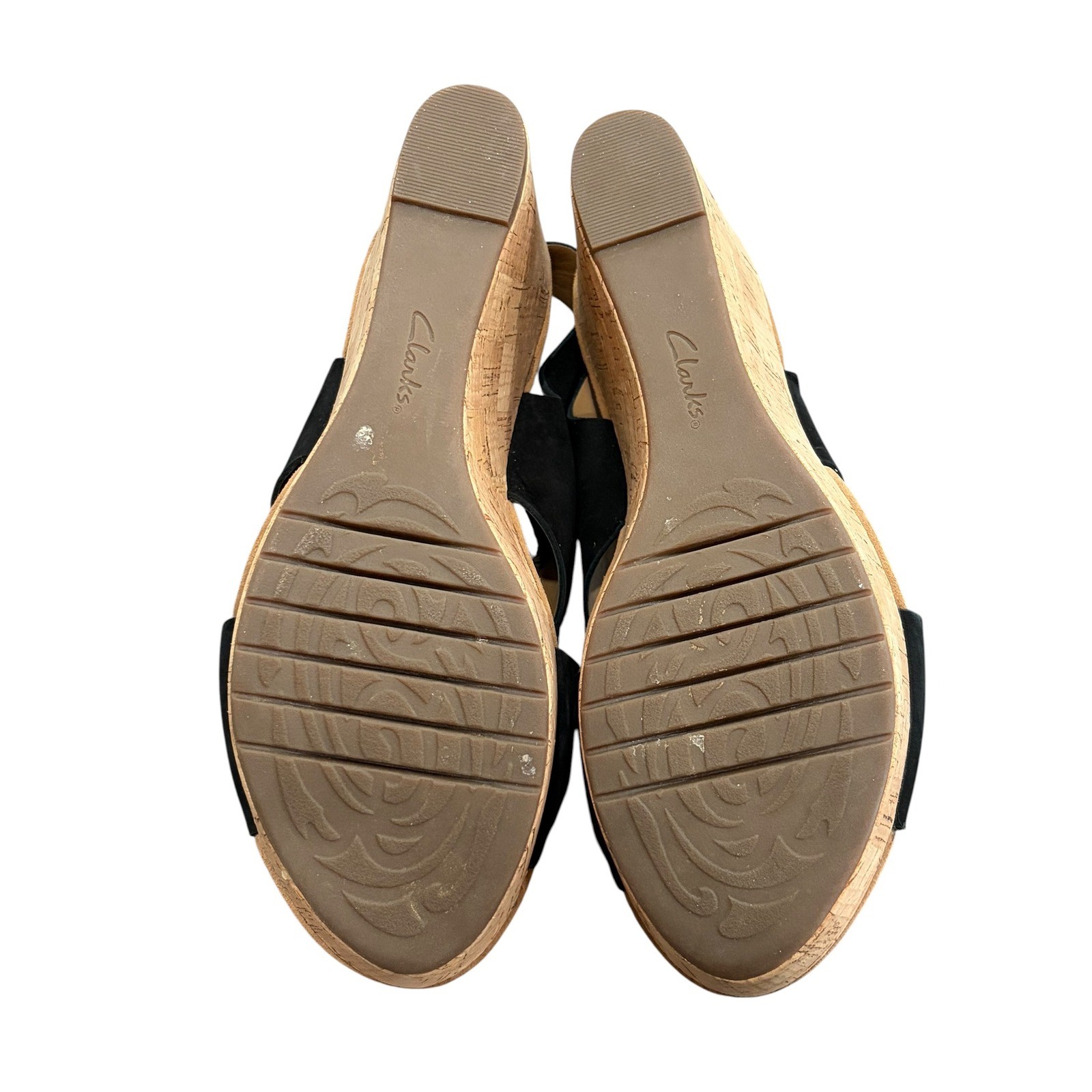 Clarks Artisan Caslynn Shae Cork Wedge Sandals Nubuck Leather Black Womens 11