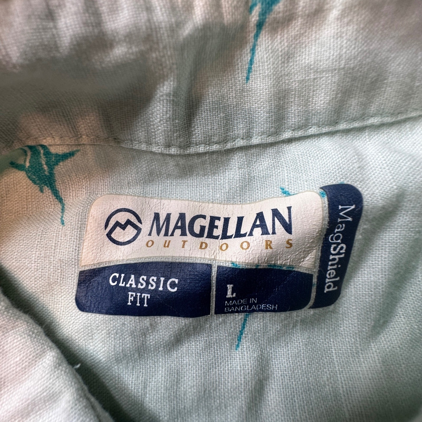 Magellan Shirt Mens L Green Marlin Fish Classic Fit Button Up Linen Fishing