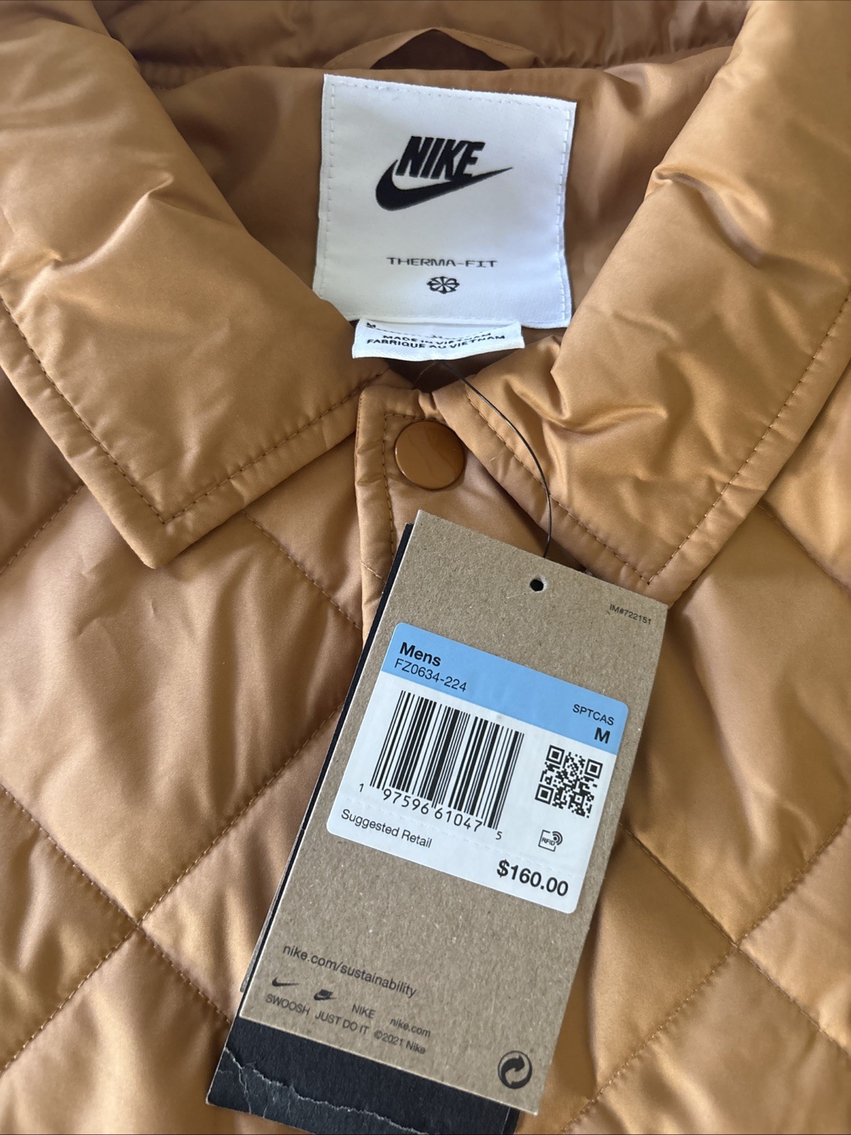 Nike Club Therma-FIT Mens M Brown Lightweight Quilted Jacket FZ0634-224 Snap NWT