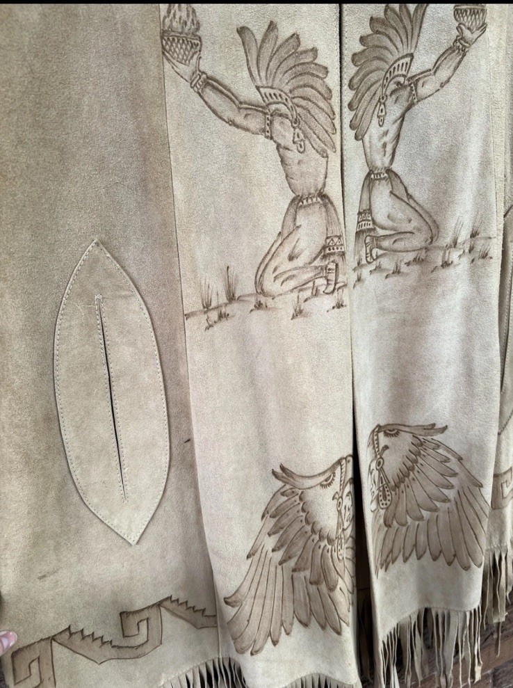 Vintage 70’s Suede Leather Native Art Pyrography Poncho Cape With Fringe Med-Lrg