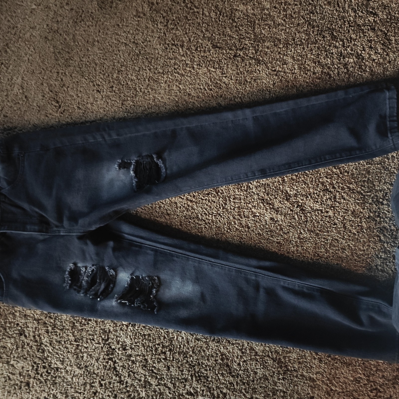 Black Charcoal Wash Distressed Ripped Skinny Slim Fit Denim Jeans Mid Rise