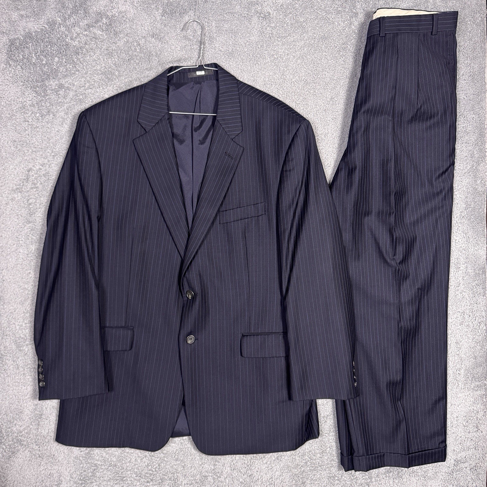 Ralph Lauren Suit Mens 46R 38×29 2 Piece Wool Jacket Slacks Set Pinstripe Cuffed