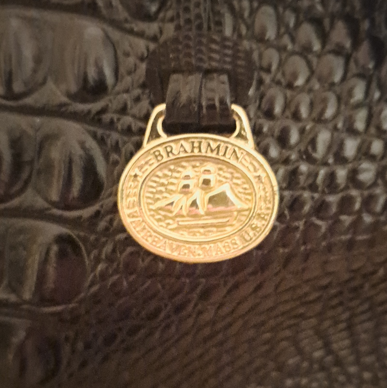 Brahmin Black Alligator Embossed Shoulder Bag w/ Shoulder Strap Gold Hardware