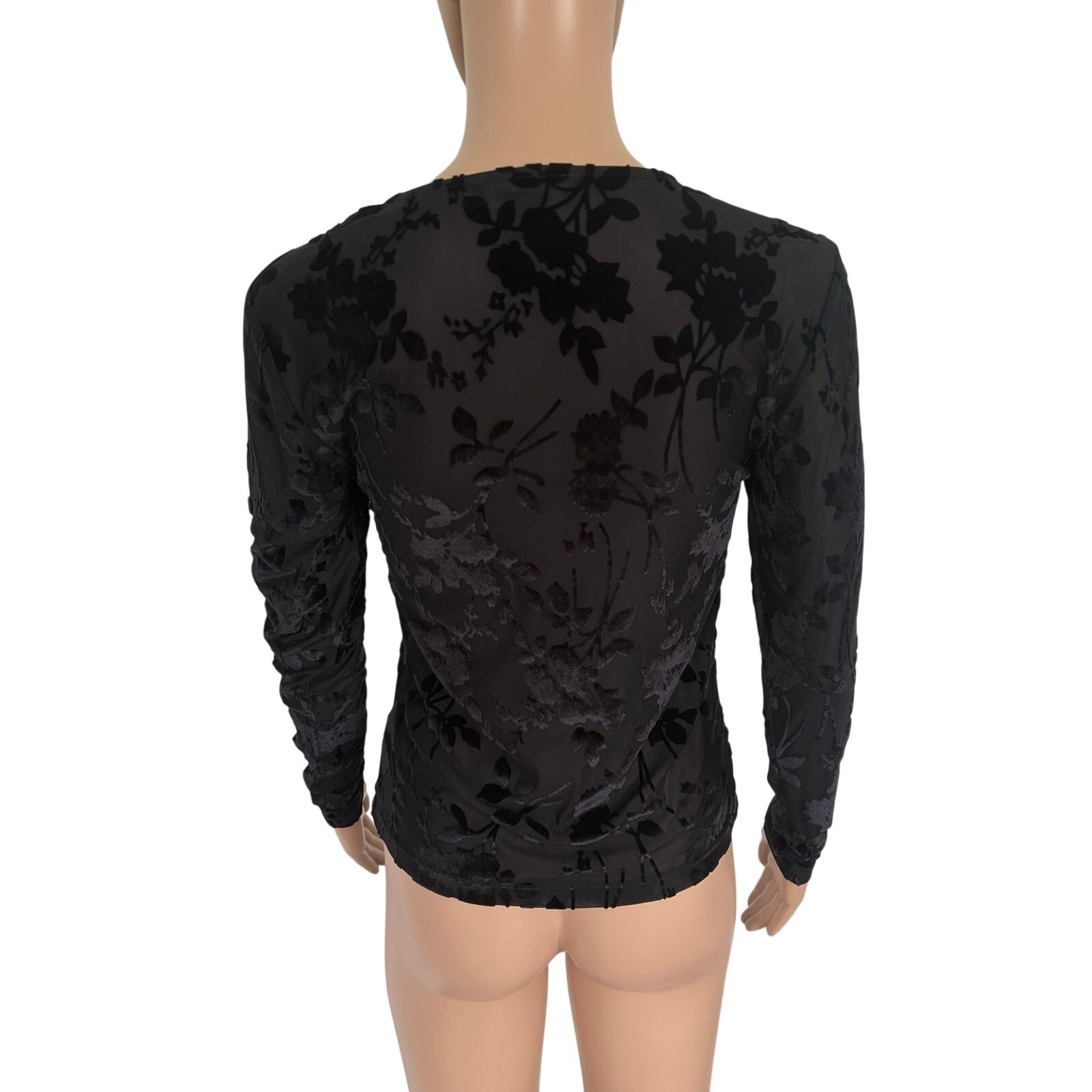 Burnout Velvet Floral Mesh Sheer Long Sleeve Top Goth Whimsigoth Black S