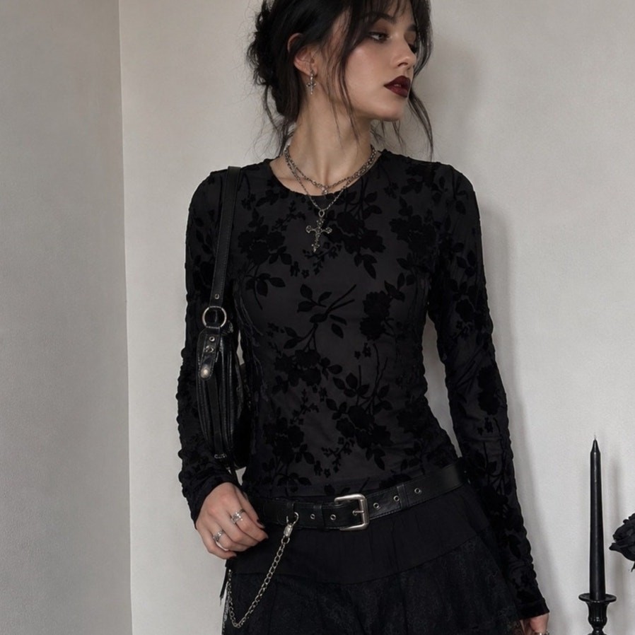 Burnout Velvet Floral Mesh Sheer Long Sleeve Top Goth Whimsigoth Black S