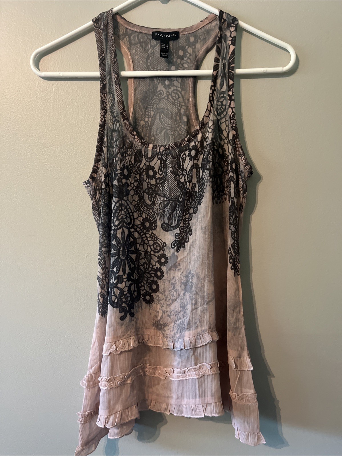 Women’s Y2K Fang Razorback Blush Pink Black Sleeveless Semi Sheer Tank Top Small