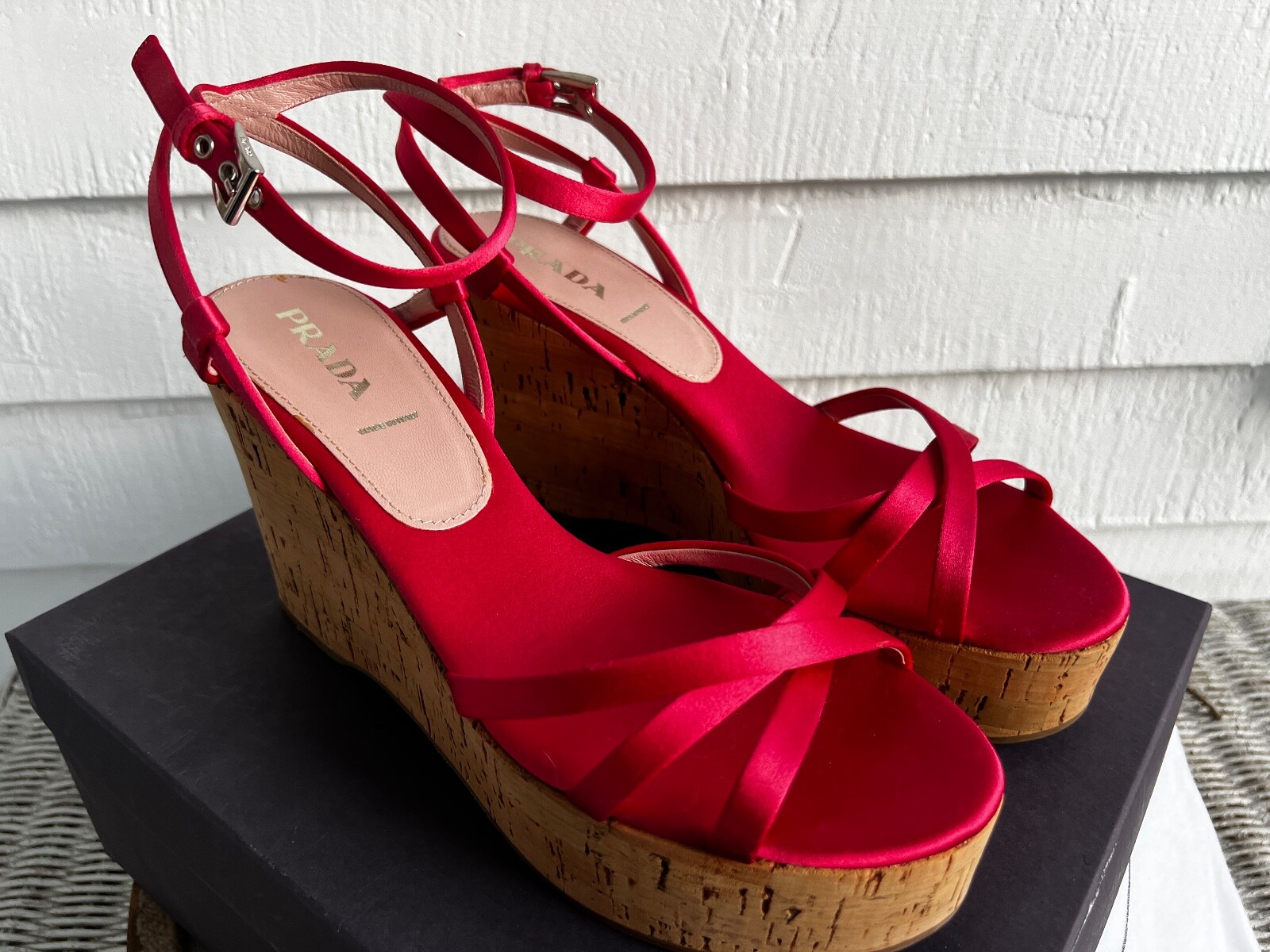 New PRADA Raso Cork Strappy Satin Platform Wedges Size 39.5 Cherry Ciliegia Red