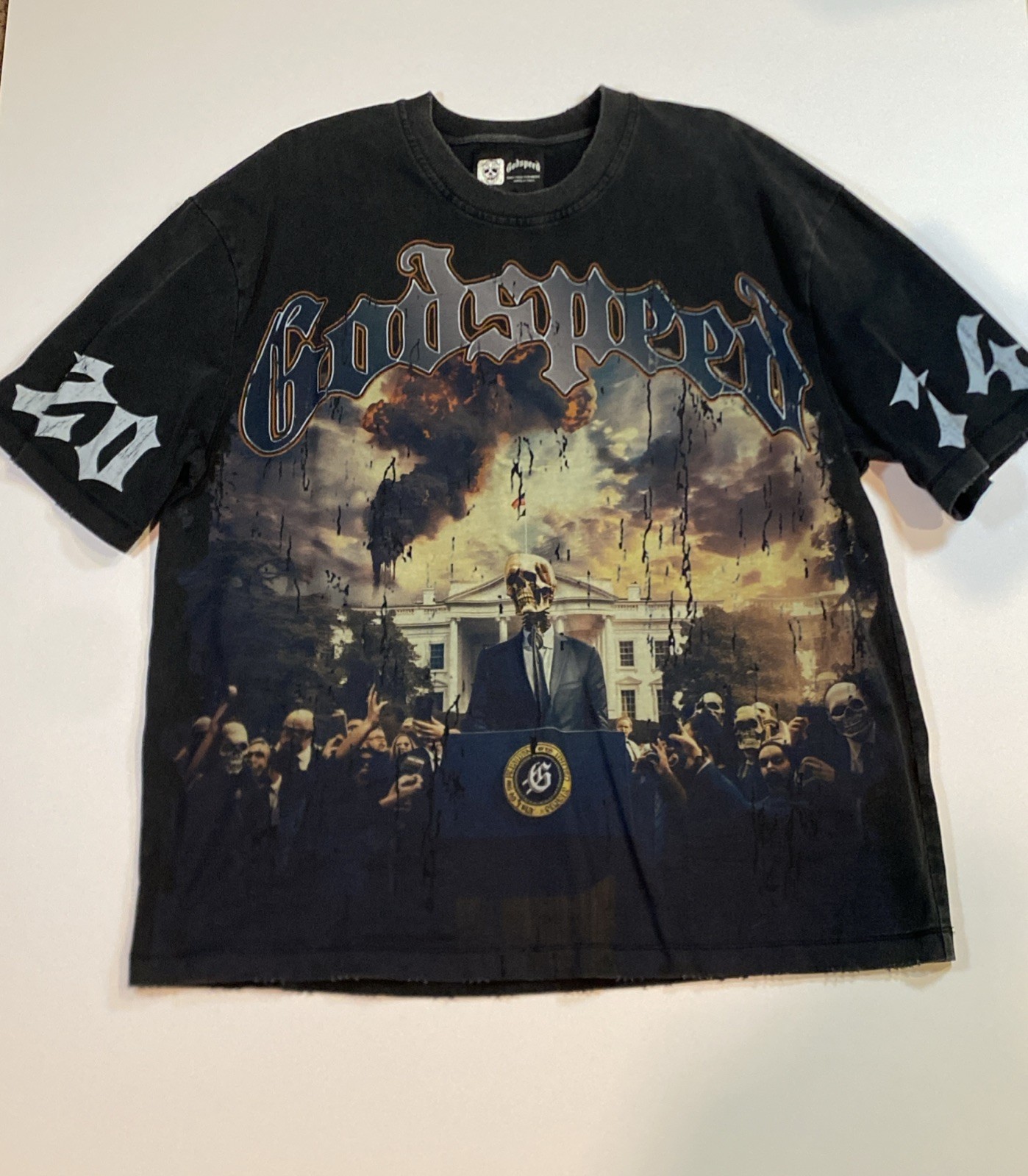 Godspeed V.O.D. 2024 Skeleton White House Graphic T-Shirt Black Wash Size Large