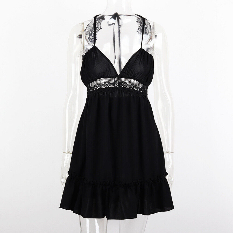 New Women Boho Lace Backless Dress Sexy Summer Beach Ruffle Flare Mini Sundress