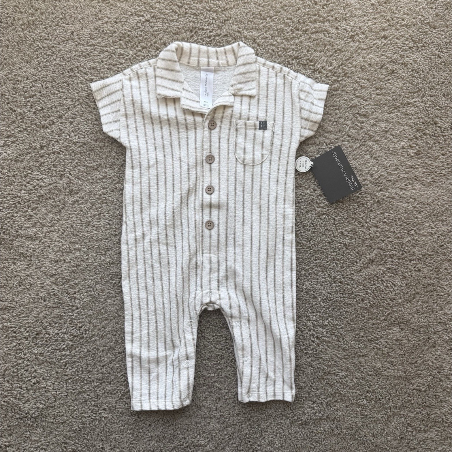 Modern Moments 3-6M White/Gray Striped Cotton Knit Romper Collared Button