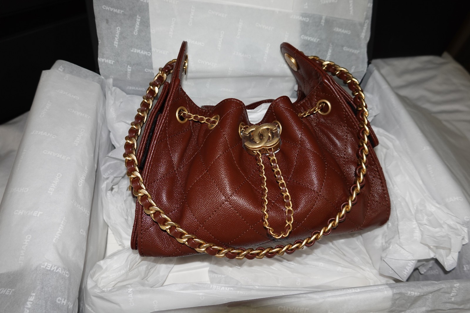 Chanel 25 Mini Dark Burgandy Cavier Gold hardware, Receipt, Orginal Box, dustbag