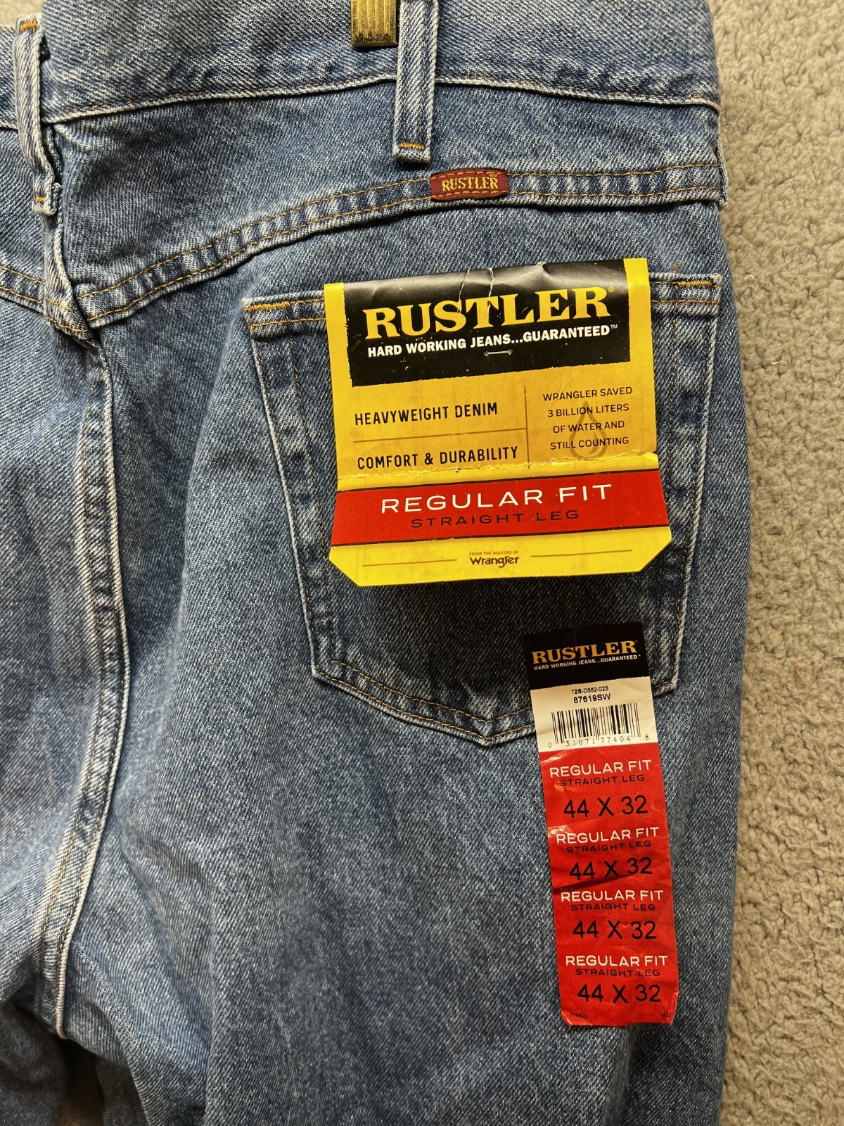 Rustler by Wrangler Jeans Mens 44×32 Blue Regular Fit Straight Leg Denim