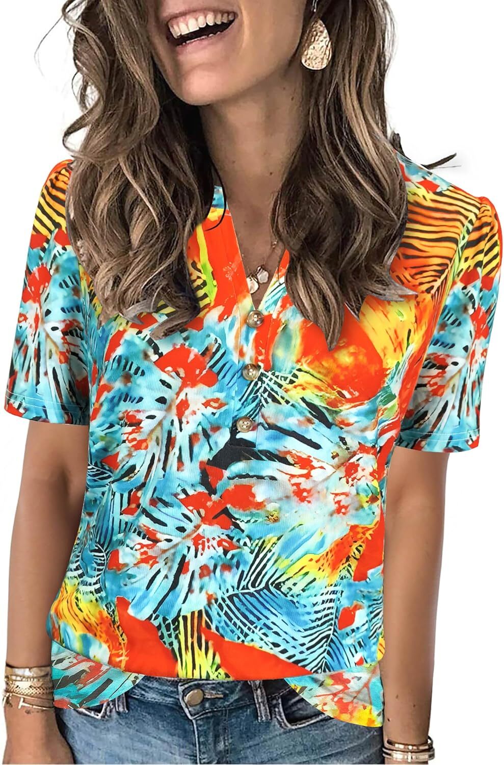Short Sleeve Womens Casual Shirt Loose Fit V Neck Summer Top Soft Breathable