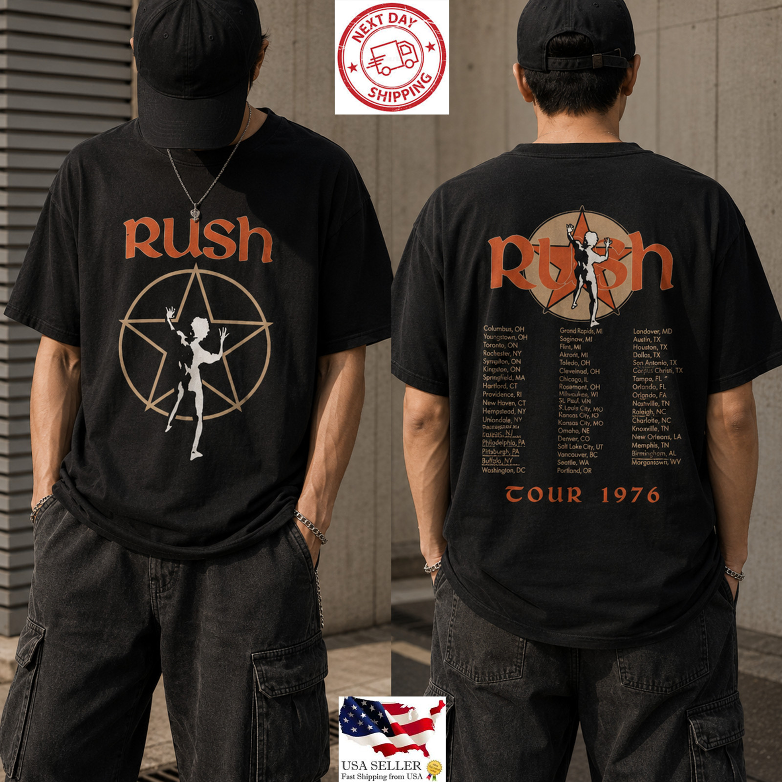 Rush 1976 North America Tour Double Sided Vintage Rock Band Graphic T Shirt