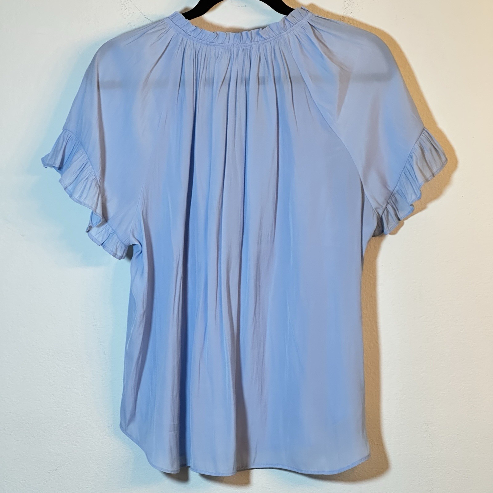 Rose & Olive Light Blue Flutter Ruffle Sleeve V Neckline Semi-sheer Blouse XL