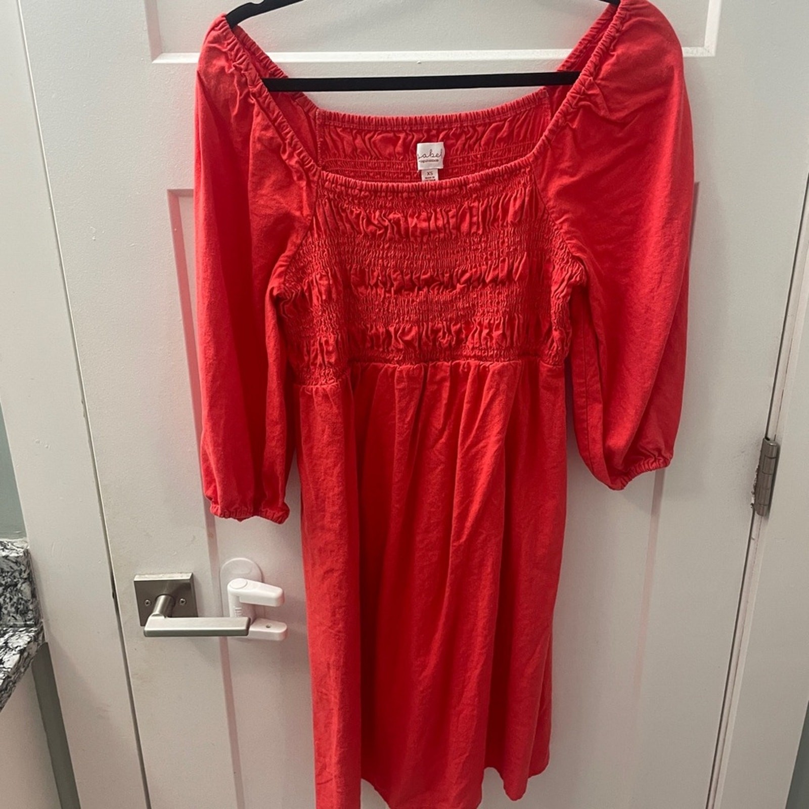 Isabel Maternity bright coral smocked bodice boho dress short sleeve linen dress