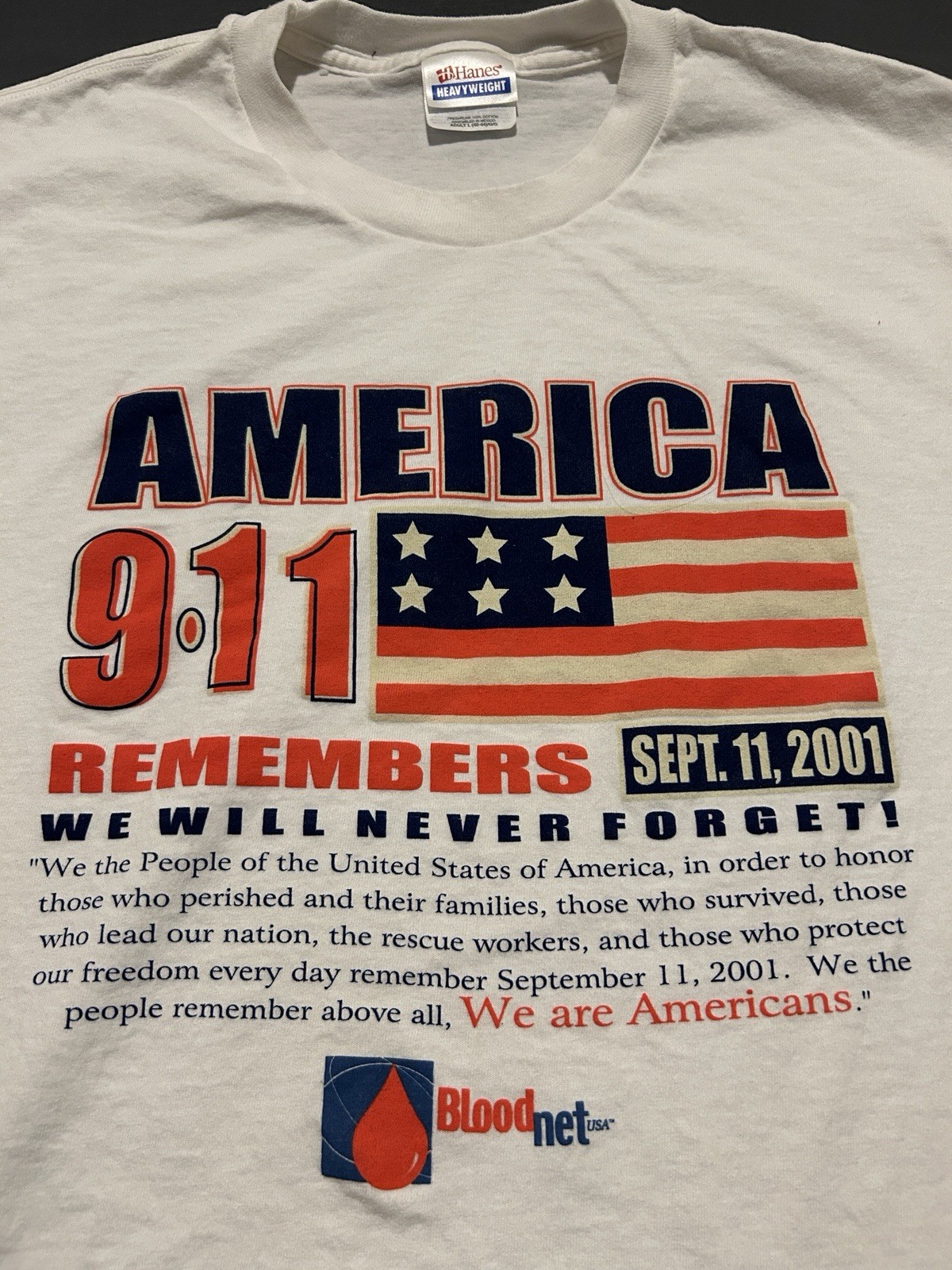 Vintage 9/11 Memorial Shirt Mens Large White Hanes Heavyweight USA Flag Y2K